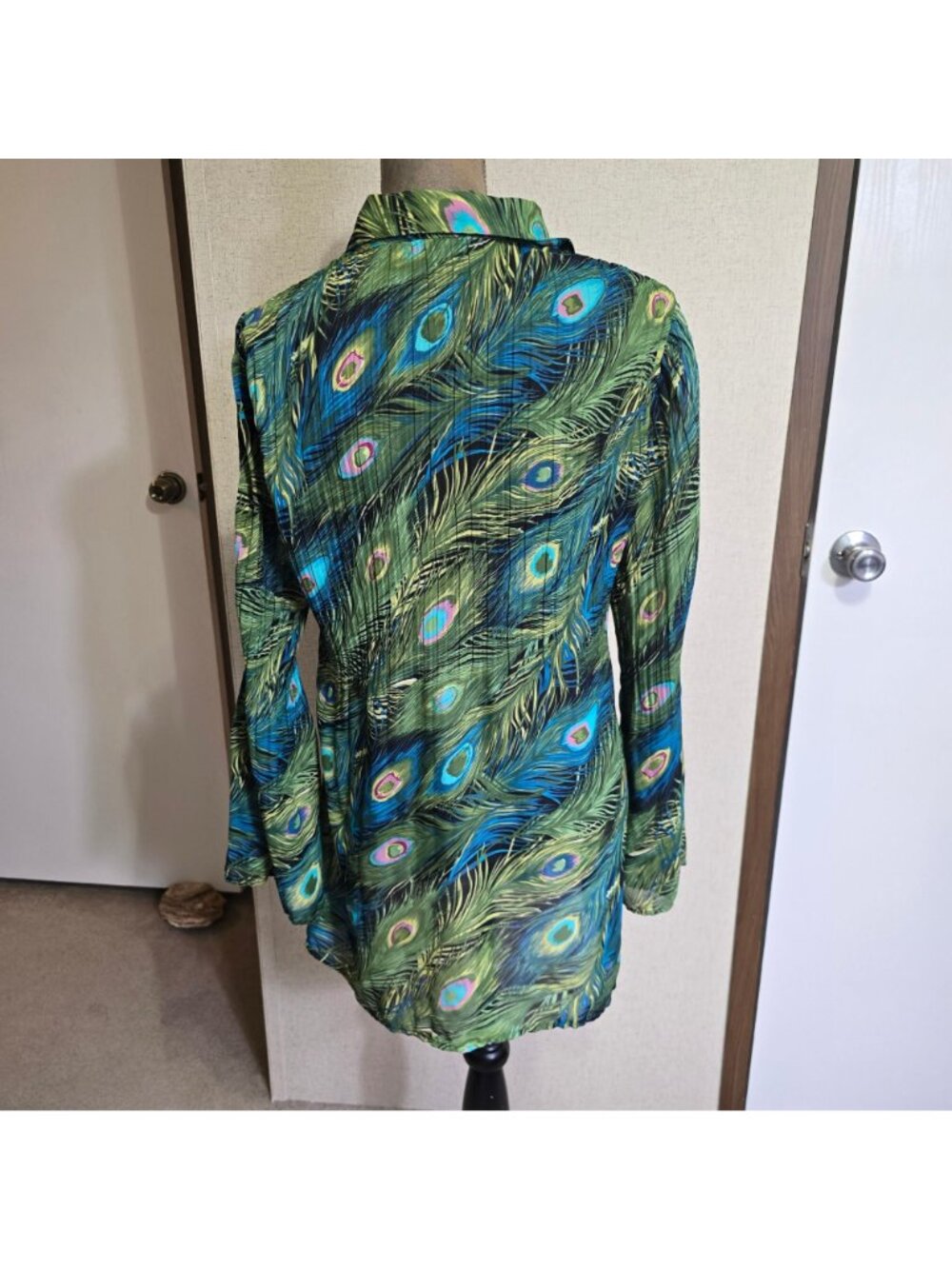 Sunny Taylor Large Y2K 90s Peacock Feather Top Long Sleeve Collared Green Blue - Picture 4 of 4